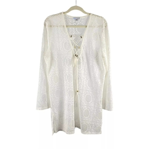 Blue Island Womens Crochet Lace Semi-Sheer Pullover Swim Cover Top Size XL White - Picture 1 of 8